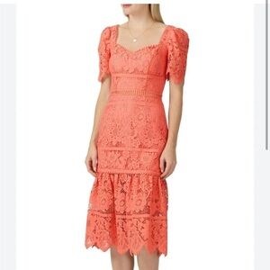 Saylor Louisa Lace Midi Dress Womens Small Short Sleeves Floral Pink milkmaid